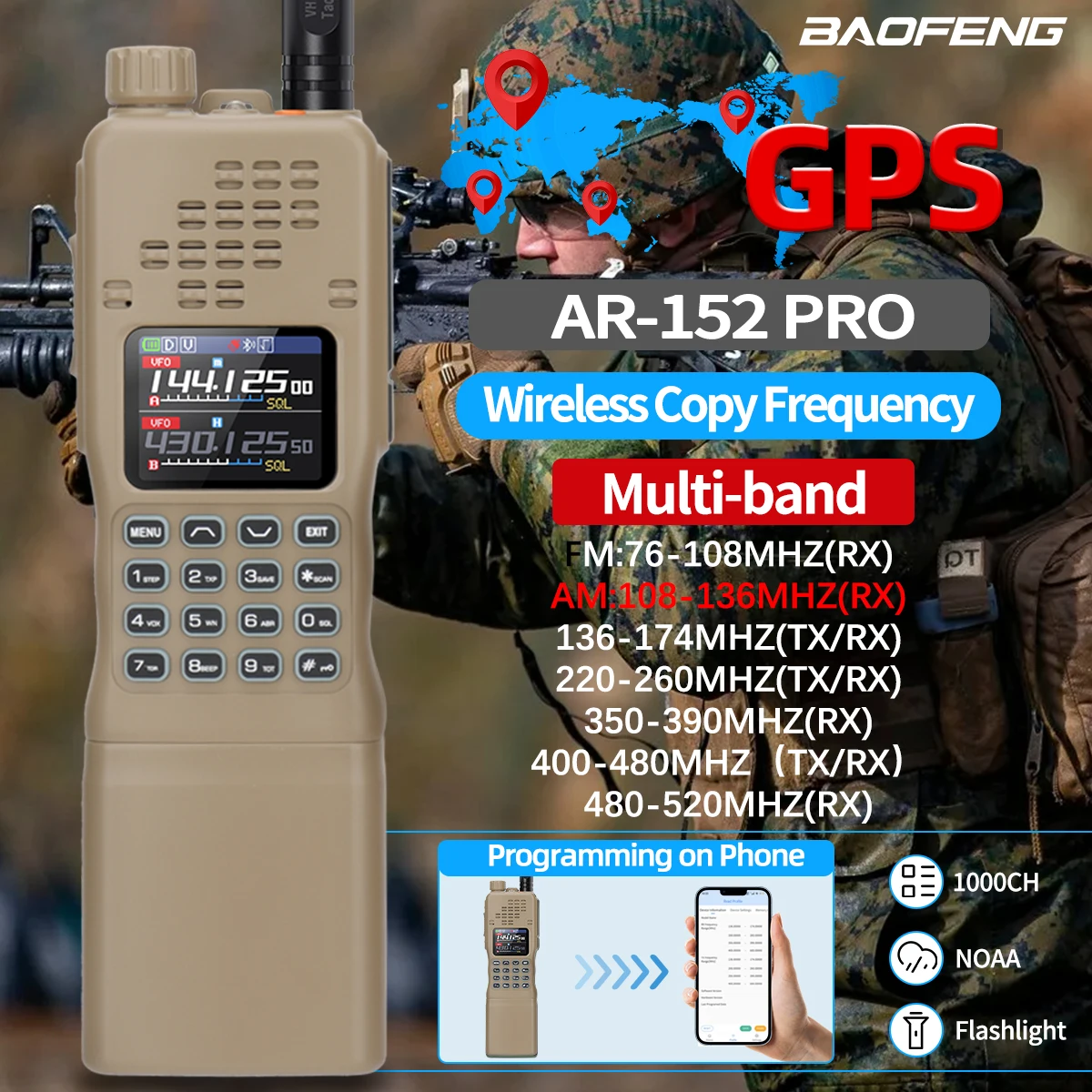 BAOFENG AR-152 PRO GPS Vehicle Radio Transceiver Wireless Copy Frequency UHF/VHF Walkie Talkie NOAA for Outdoor Camping Driving