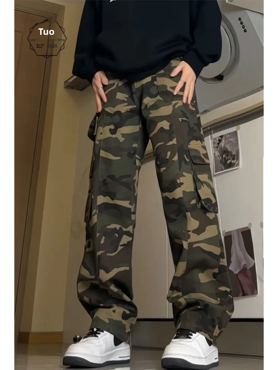 

Мужские рабочие брюки American Sle Camouflage, весна 2024, модные свободные прямые брюки-клеш, повседневные брюки для подростков