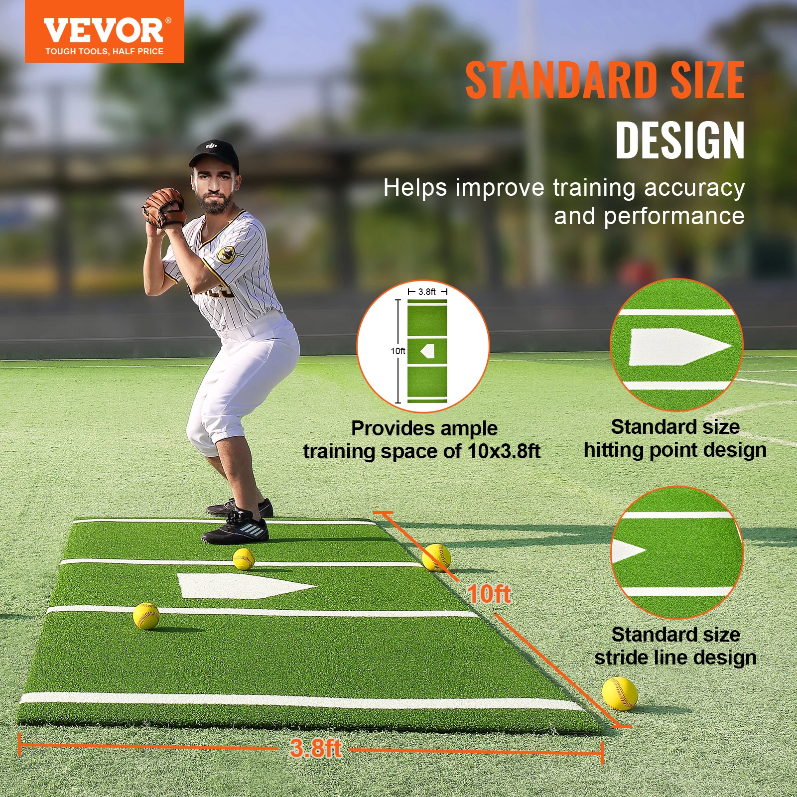 VEVOR 10FT Baseball Softball Hitting Batting Mat Indoor/Outdoor Mat Lined & Foam Backing Anti-Slip Anti-Fade Green