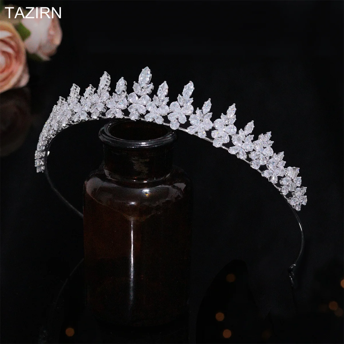 TAZIRN Sparkling 5A Zirconia Wedding Crowns for Bridal Bridesmaid Exquisite Handmade CZ Girls Princess Party Hair Ornaments Gift