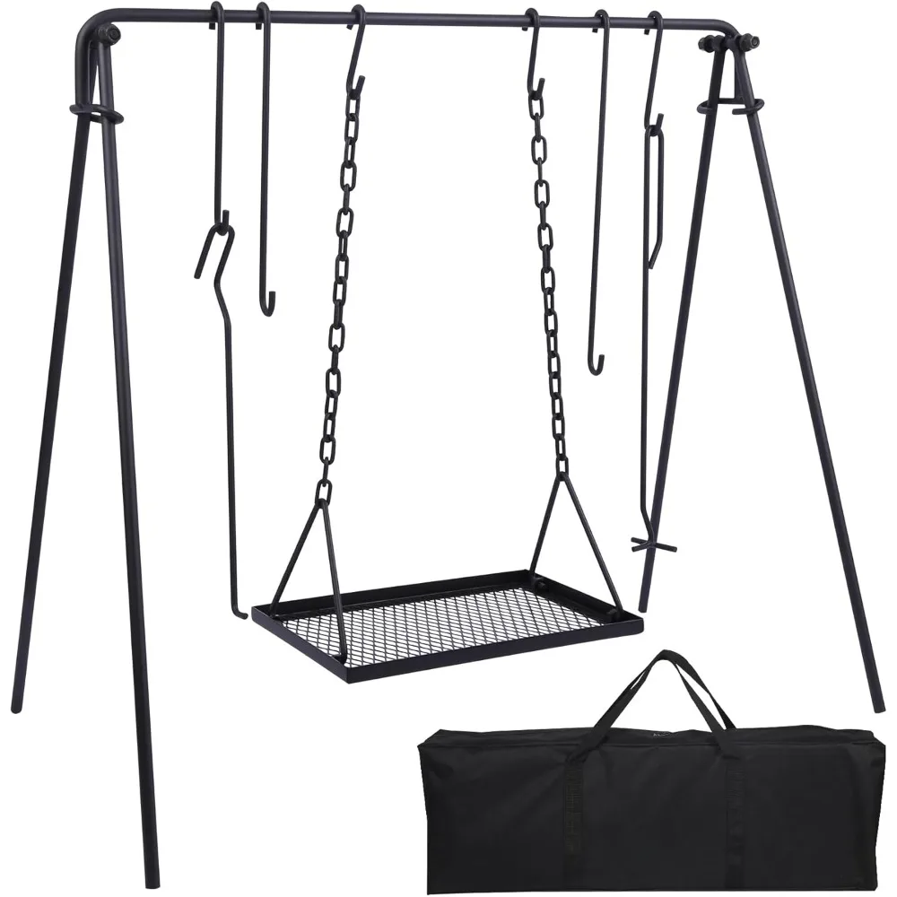 

Campfire Swing Grill Stand, Portable Hanging Cooking Grill Rack with Dutch Oven Lid Lifter & Hooks for Outdoor BBQ