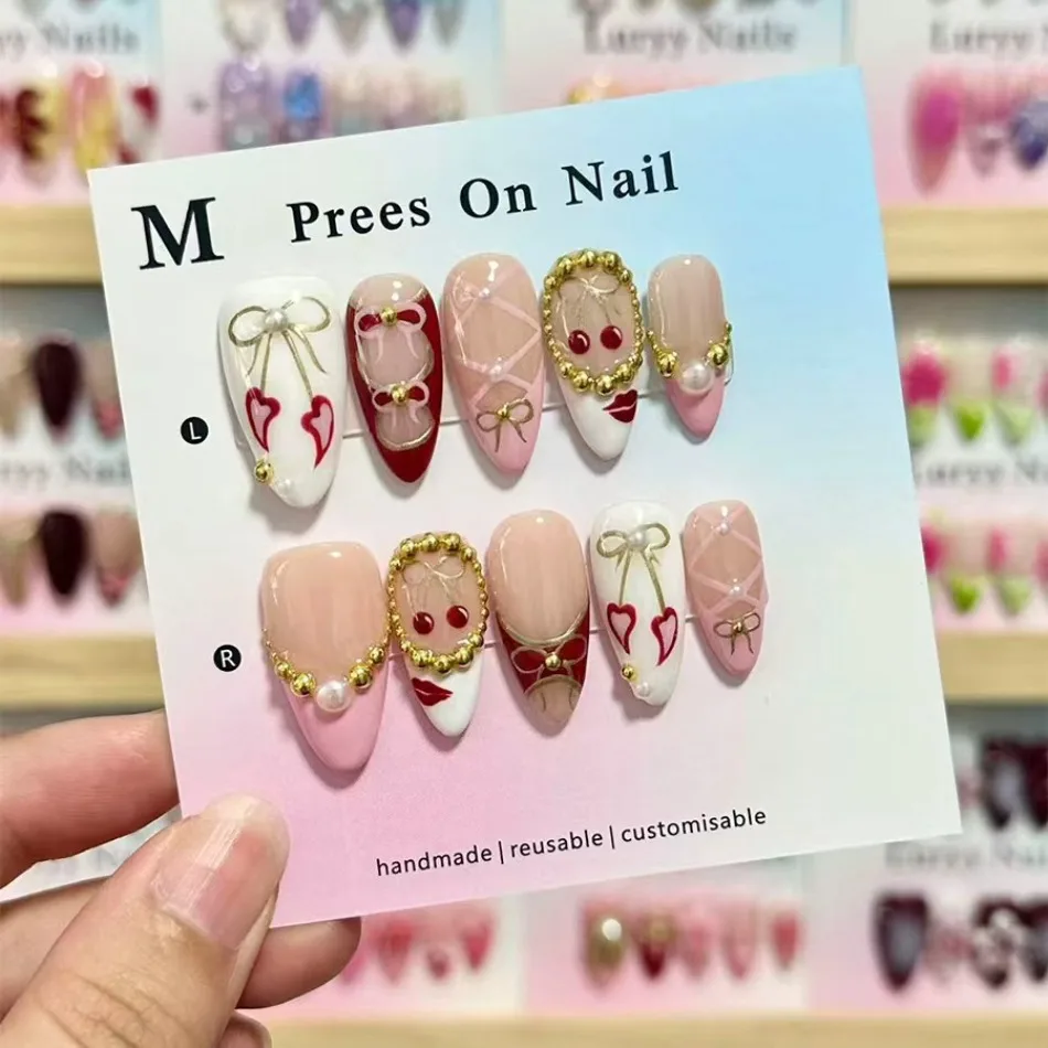 30Pcs Almond Press On Nails Nude Pink Base 3D Bow Lips Pattern Gold Steel Beads Luxury Handmade Fake Nail Tips For Ladies JT39