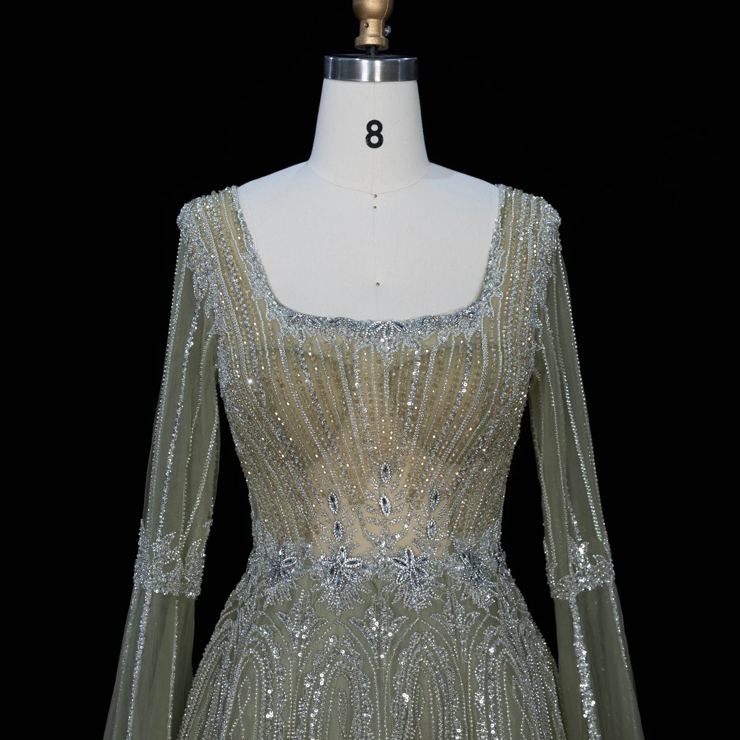 Sharon Said Luxuriöses Braunes Abendkleid mit Quadratischem Ausschnitt, Langen Glockenärmeln, Schwer Perlenbestickt, Dubai Formelle Partykleider SS065 Maßanfertigung – Detail 22