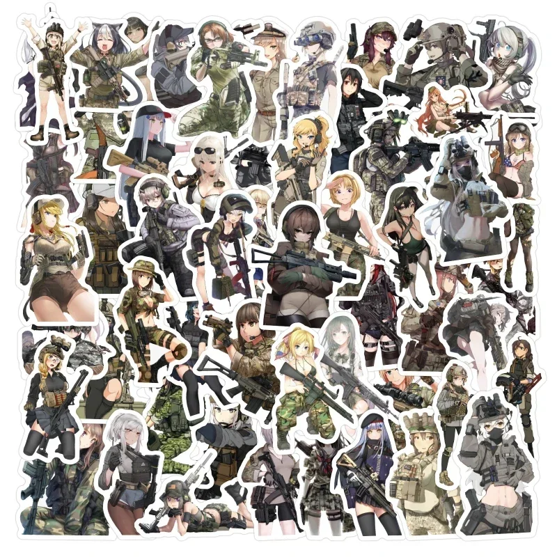 60/30/10PCS Cartoon Military Anime Girl Doodle Sticker Decoration Anime Character Aesthetic Stationery Cut Thin Glitter Sticker