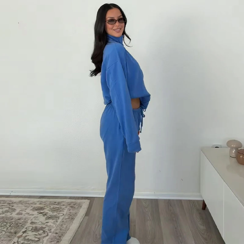 Damen-Hosen-Sets mit Stehkragen, Langarm-Reißverschlussjacken, Kordelzug-Taille, Gerade Hosen, Herbst-Outfit für Frauen, Einfarbig, Locker Geschnitten, Neu – Detail 13