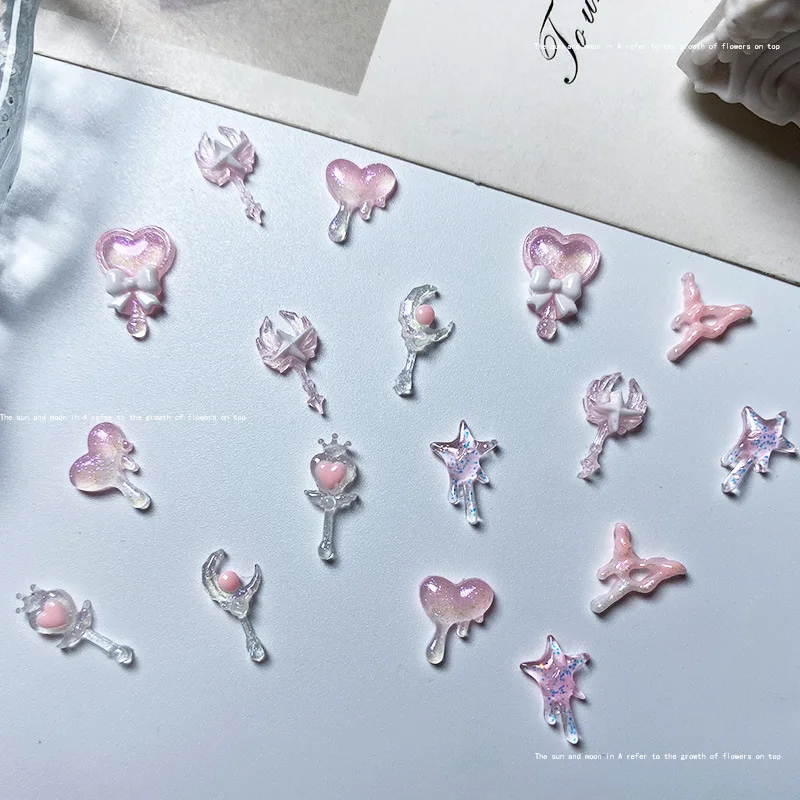 20pcs Cute Magic Wand Nail Art Accessories 3D Resin Nail Charms Pink Luminous Heart-shaped Bow Scepter Nail Art Decoration Parts