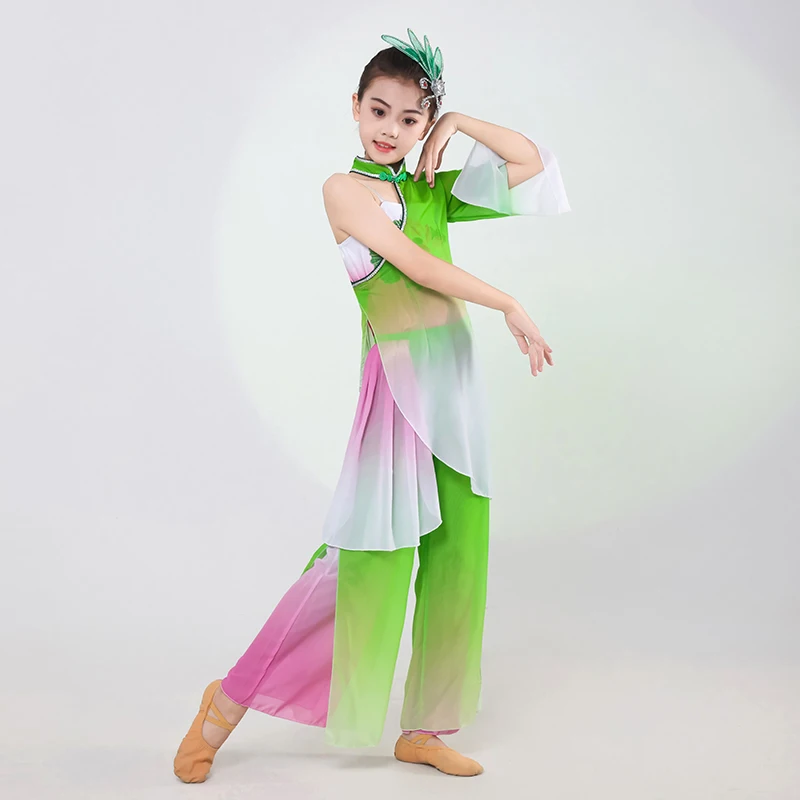 Ropa de danza clásica Yangko para niñas, trajes nacionales Hanfu de danza moderna, abanico de paraguas para niños, ropa Hmong para actuación
