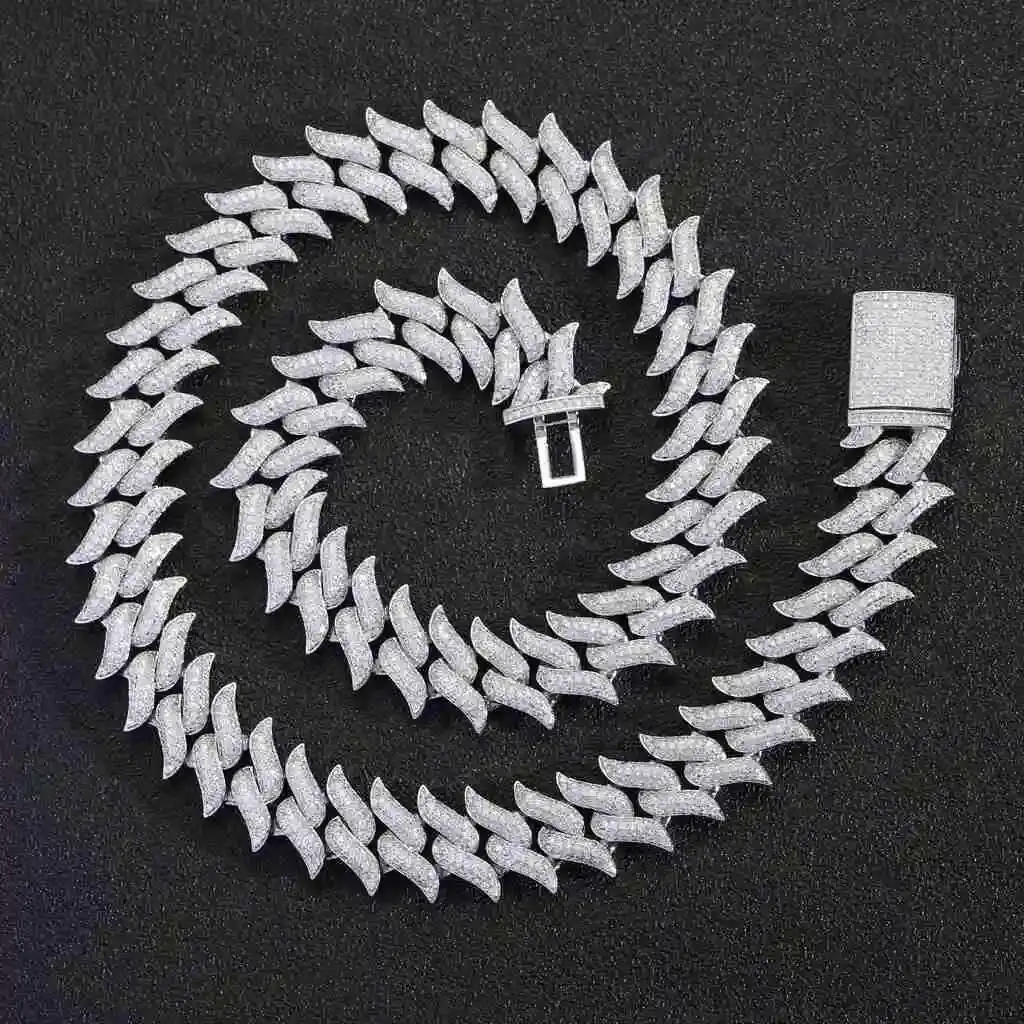 

New Style Moissanite Cuban Link Chain 14mm Width S925 Silver Necklace Spiked Shape Hip Hop Mans Cuban Chain