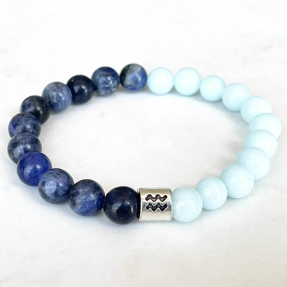 MG1687 Womens Gemini Zodiac Bracelet 8 MM Aquamarine Blue Sodalite Jasper Energy Wrist Mala Natural Gemstone Jewelry