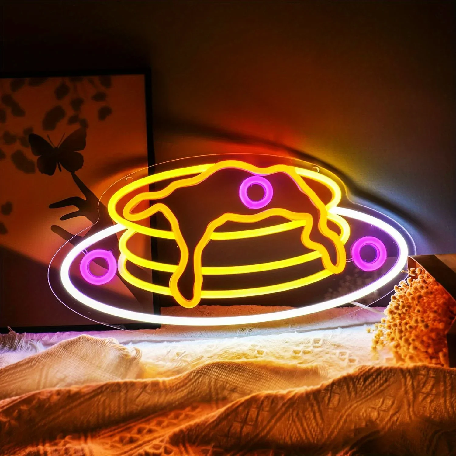 Pancakes Yellow White Neon Light LED Wall Light for Kitchen Dining Area Cafe Restaurant Wall Decor Dimmable USB Night Light Gift