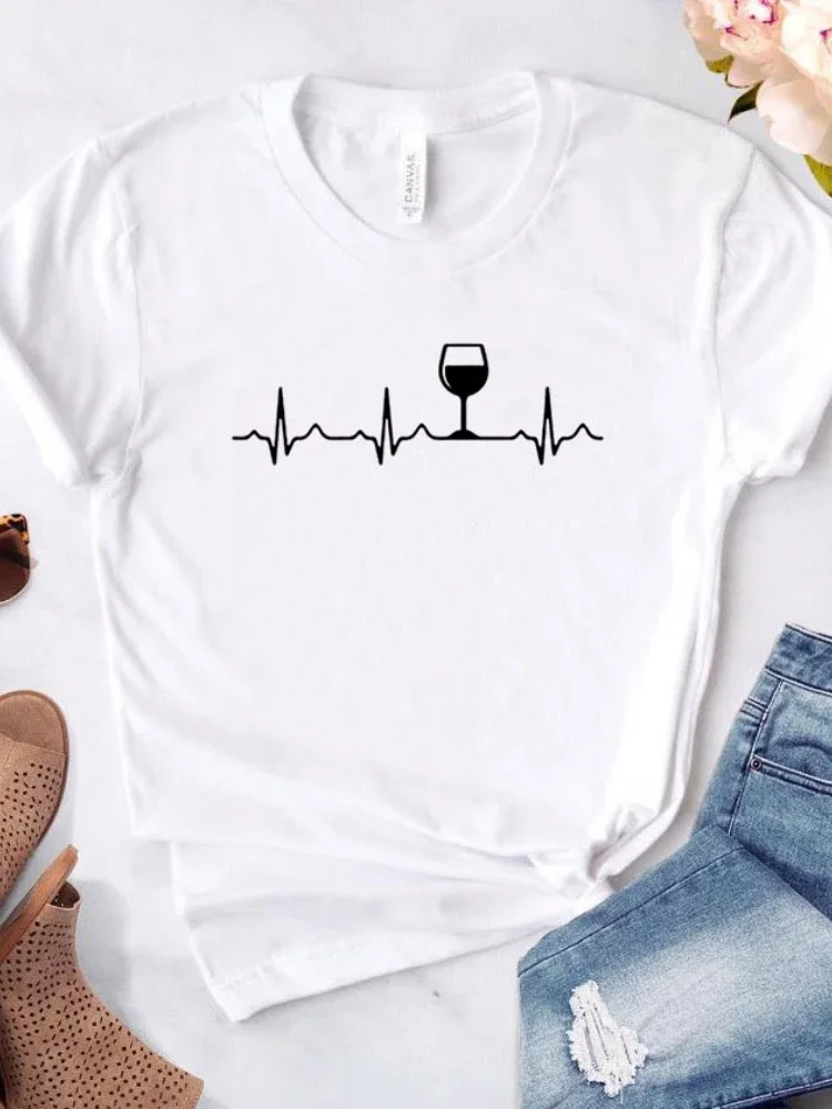 Женская футболка с принтом Wine Heartbeat, свободная футболка с коротким рукавом и круглым вырезом, летняя женская повседневная футболка, топы