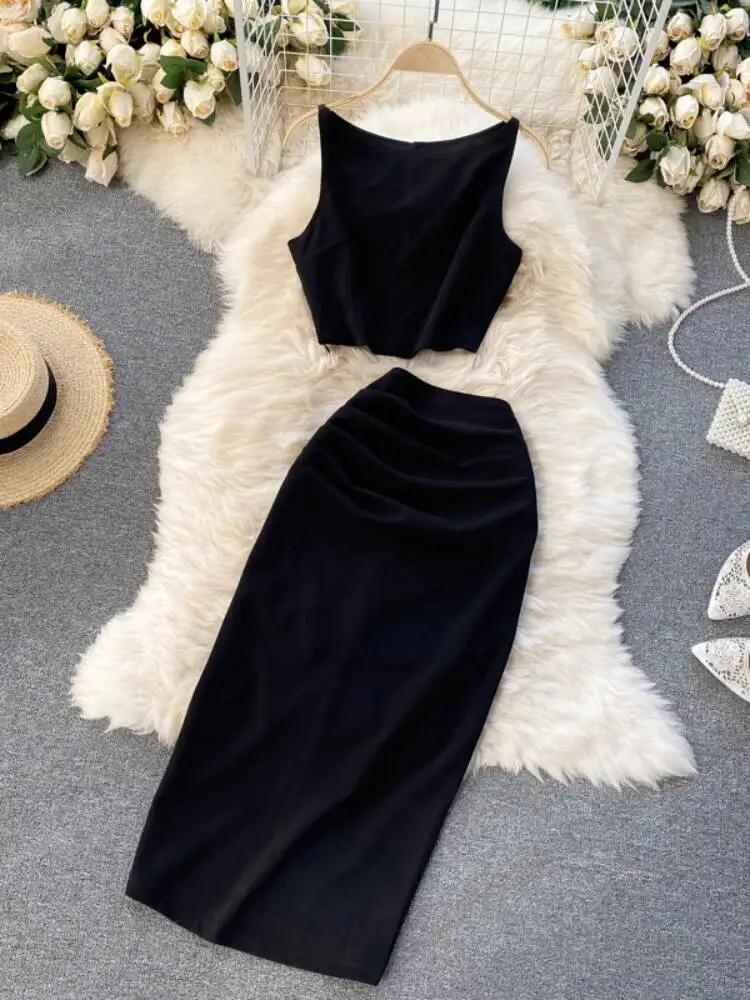 Fashion Women Two Piece Sets Summer Sleeveless Sexy Crop Tops and Midi Wrap Skirt Outfits Ladies Elegant 2 Pcs Suits Clothes