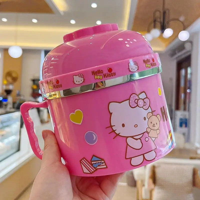 Miniso Kawaii Student Sus304 Instant Noodle Bowl Suit Hello Kitty Cartoon Portable Anti-Fall Insulation Office Workers Lunch Box