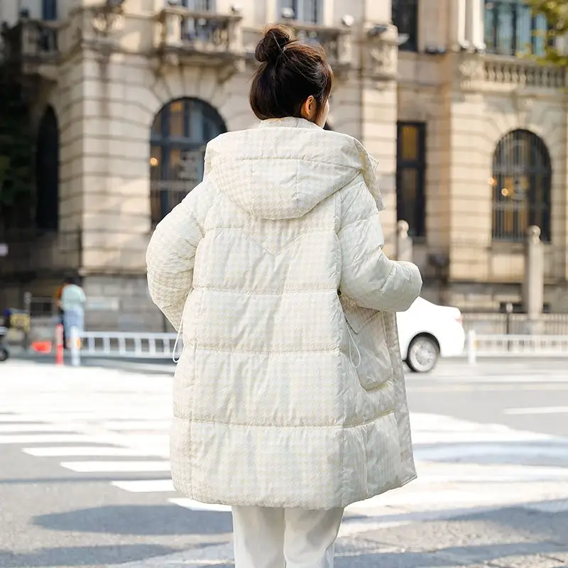 Winter Women Fashion Houndstooth Cotton-Padded Coat Female Mid-Length Loose Thick Outwear Big Pockets Casual Hooded Warm Parkas