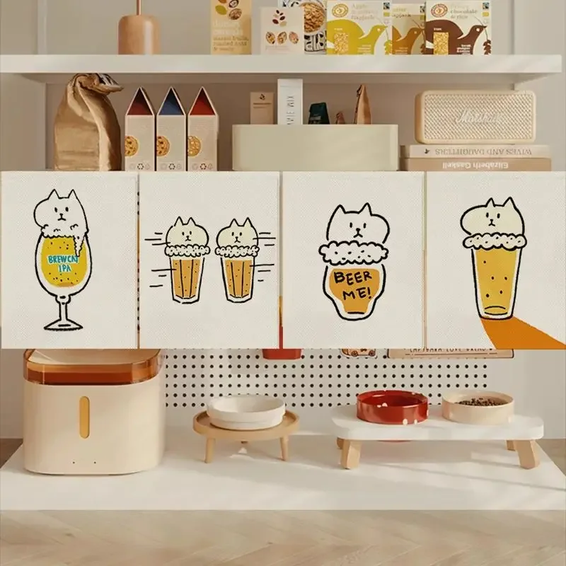 VIKAMA Kawaii Sketch Cat Beer Cup Pattern Shelf Shield Curtain Simple Line Art Fabric Hanging Curtain for Cabinet Home Decor