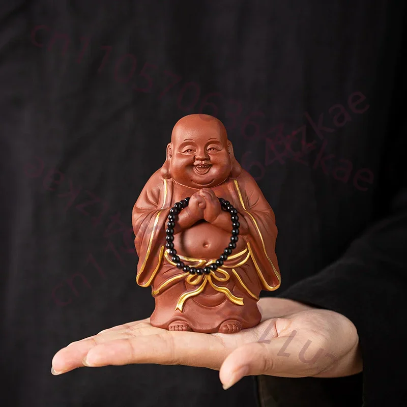 Happy Laughing Buddha Zisha Clay Tea Pet, Chinese Miler Fortune God Ornament for Tea Tray, Growable Desktop Decor for Good Luck
