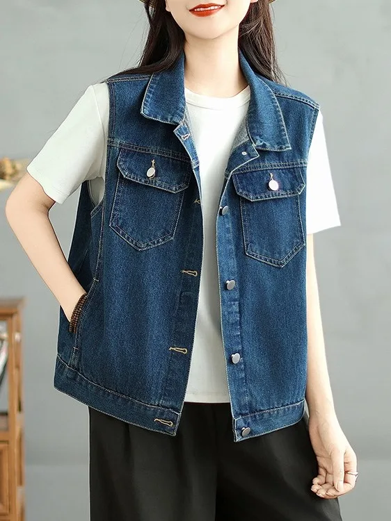 

Весна 2026: Повседневный джинсовый жилет-топ для женщин, модная универсальная безрукавка, легкая верхняя одежда стандартного кроя, однотонная, на пуговицах
