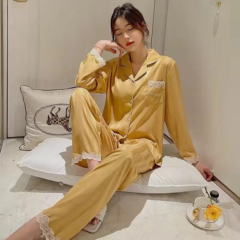 2022 Summer New Light Luxury Ice Silk Pajamas Women Clothing Long-sleeved Soft Loose Thin Homewear Suits FashionClothingBoutique