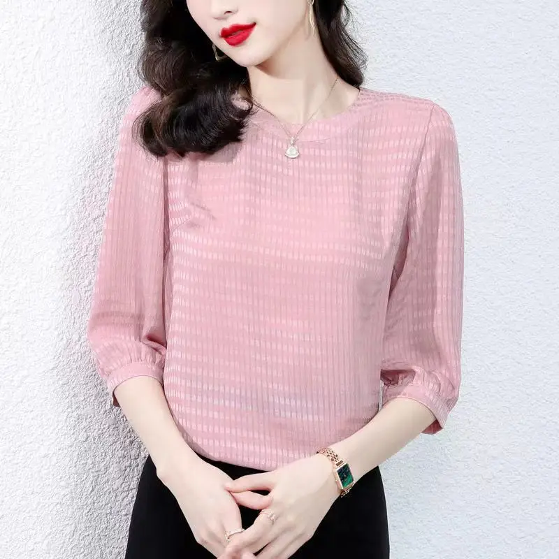 Elegante blusa monocromática de chiffon feminina, dobra com tudo, pulôveres casuais extragrandes, camisa de senhora do escritório, roupas de verão,