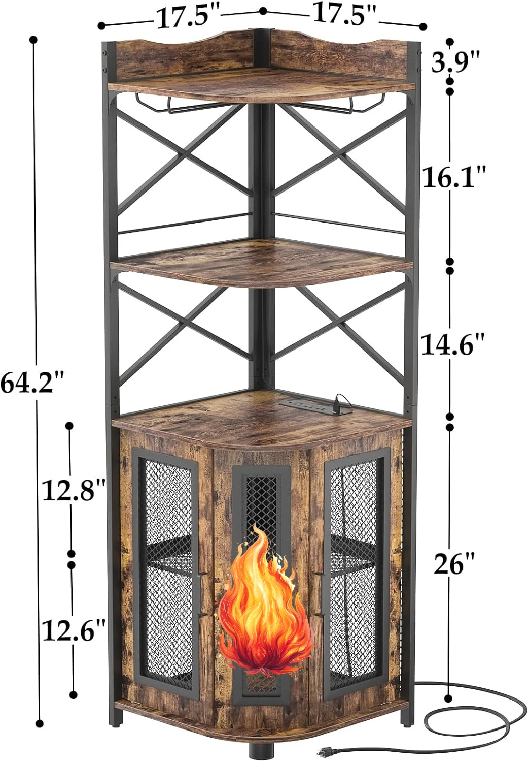 Armário de bar de canto com tomada de energia, armário de vinho industrial com faixa de LED e suporte de vidro, unidade de bar de armário de licor de 5 camadas