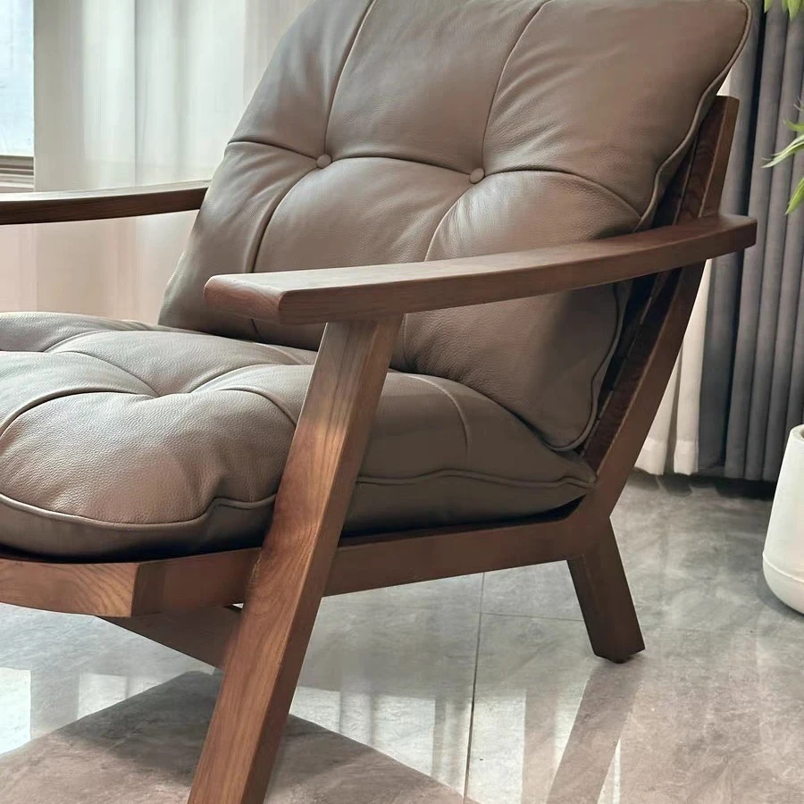 Medieval style ash wood solid wood leather lounge chair Zen tea room vintage casual lazy sofa tea chair book newspaper chair