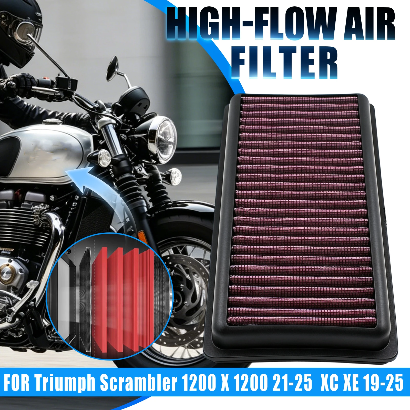 For Triumph Scrambler 1200 X XC XE 2019-2025 Motorcycle Washable High Flow Air Filter Intake Cleaner Replacement