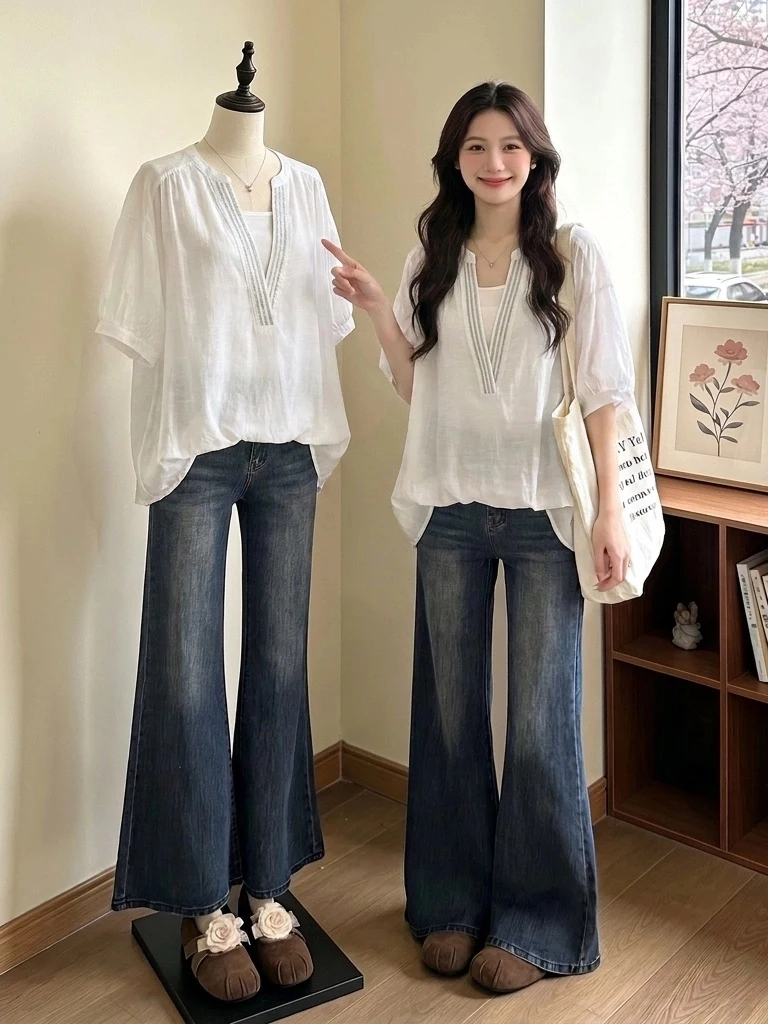 

Elegant Thin Short Sleeve Shirt Women's Summer New plus Size Irregular Top Korean Style Commute Fashion Loose Fit round Neck