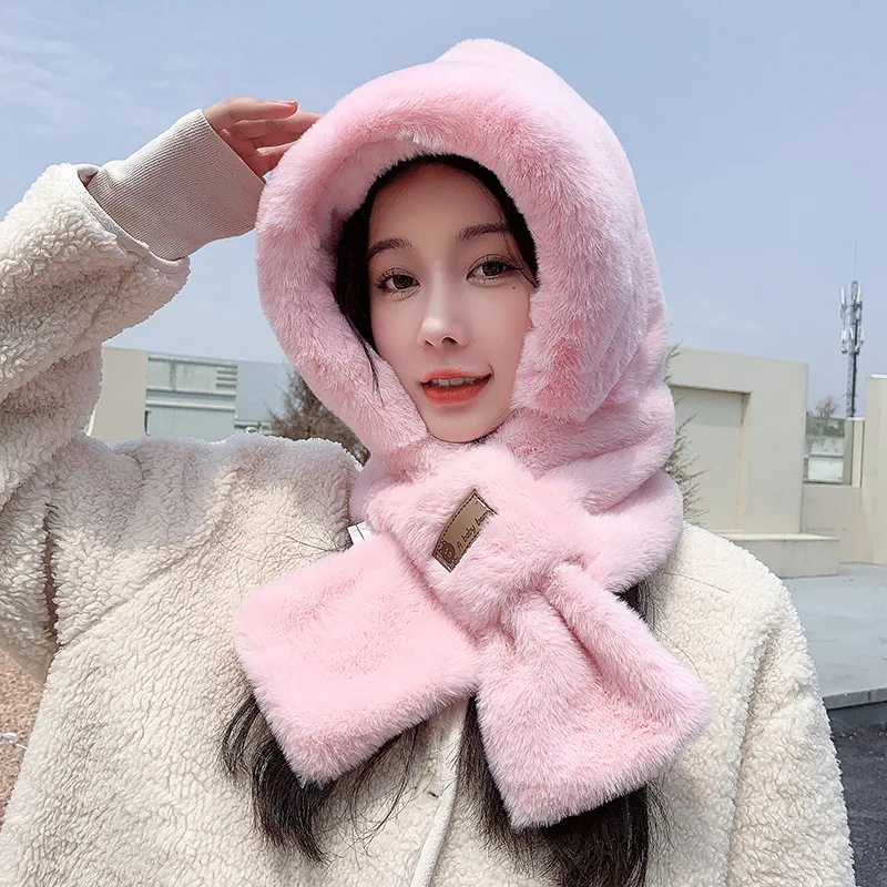 Winter Hand-woven Scarf Velvet Hat Scarf Thicken Hooded Women Plush Neck Warm Russia Outdoor Ski Windproof Hat Fluffy Beanies