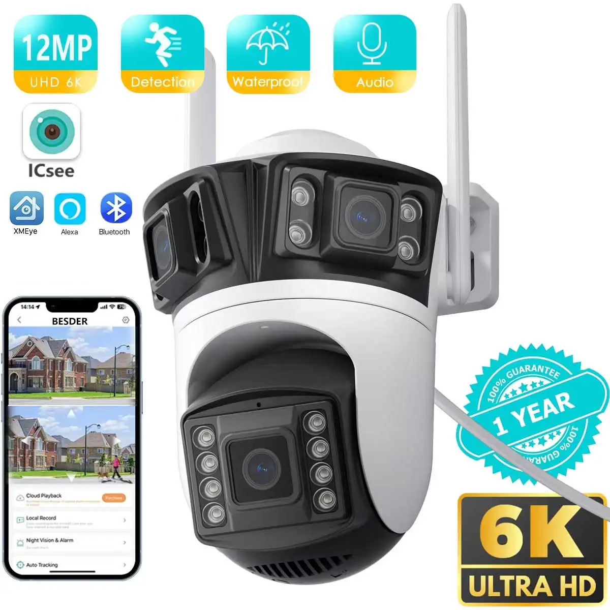 

BESDER 6K 12MP HD Трехэкранная Wi-Fi IP-камера Уличная камера с тремя объективами Ai Обнаружение человека Водонепроницаемая камера видеонаблюдения iCsee