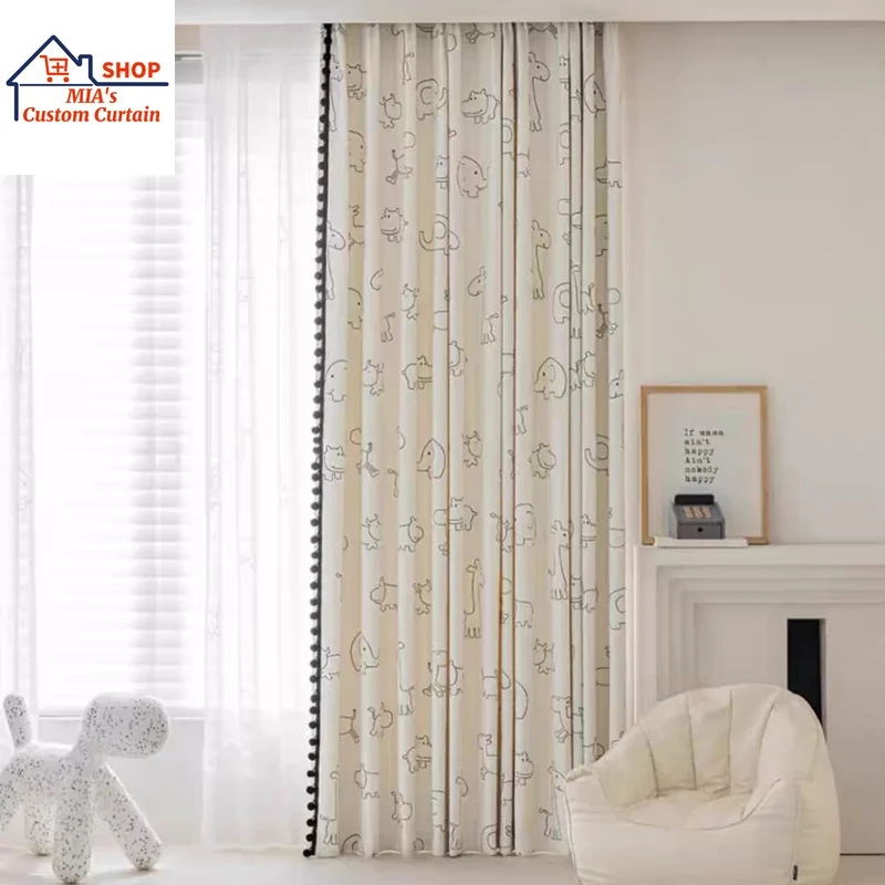 

Custom Size Kids Bedroom Blackout Curtains Black and White Cartoon Elephant Giraffe French Cream Style Home Decor Fashion