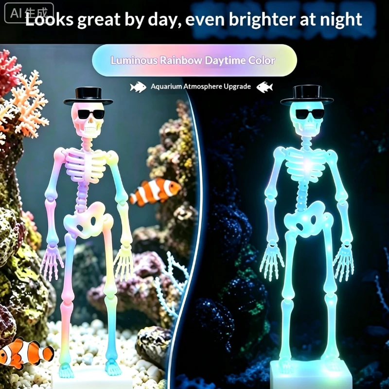 Halloween Swinging Skull Aquarium Decor, 3D Printed Non Powered Fish Tank Ornament, Dancing Skeleton Figurine for Spooky Setup