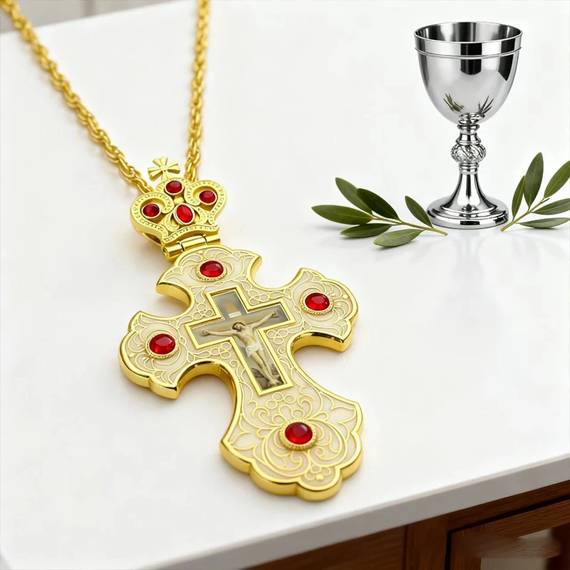 Neue 2026 Luxus-Emaille-Orthodoxe-Kreuz-Halskette mit rotem Kristall & vergoldetem Kruzifix-Ikonen-Schmuck für Priester, Liturgie & Sakramente – Detail 8