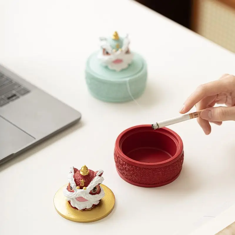 Chinese Style Lucky Awakening Lion Windproof Ashtray With Lid Creative Home Decor Ornament For Living Room Bedroom Desktop Stora