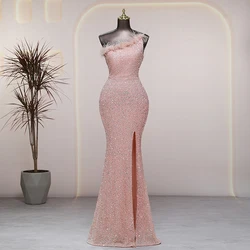 One-Shoulder Sequins Long Mermaid Pink Side Slits Fur Collar Evening Dress Women Prom Party Dresses  robes de soirée Bride Dress