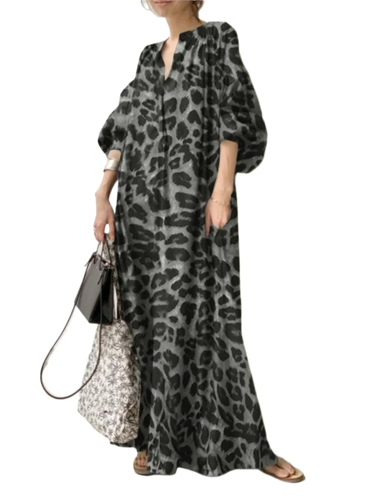 

Leopard Print Long Dresses Women Fashion Temperament V-neck Puff Sleeves Loose Dress Trendy Bohemian Style Vestidos Spring New