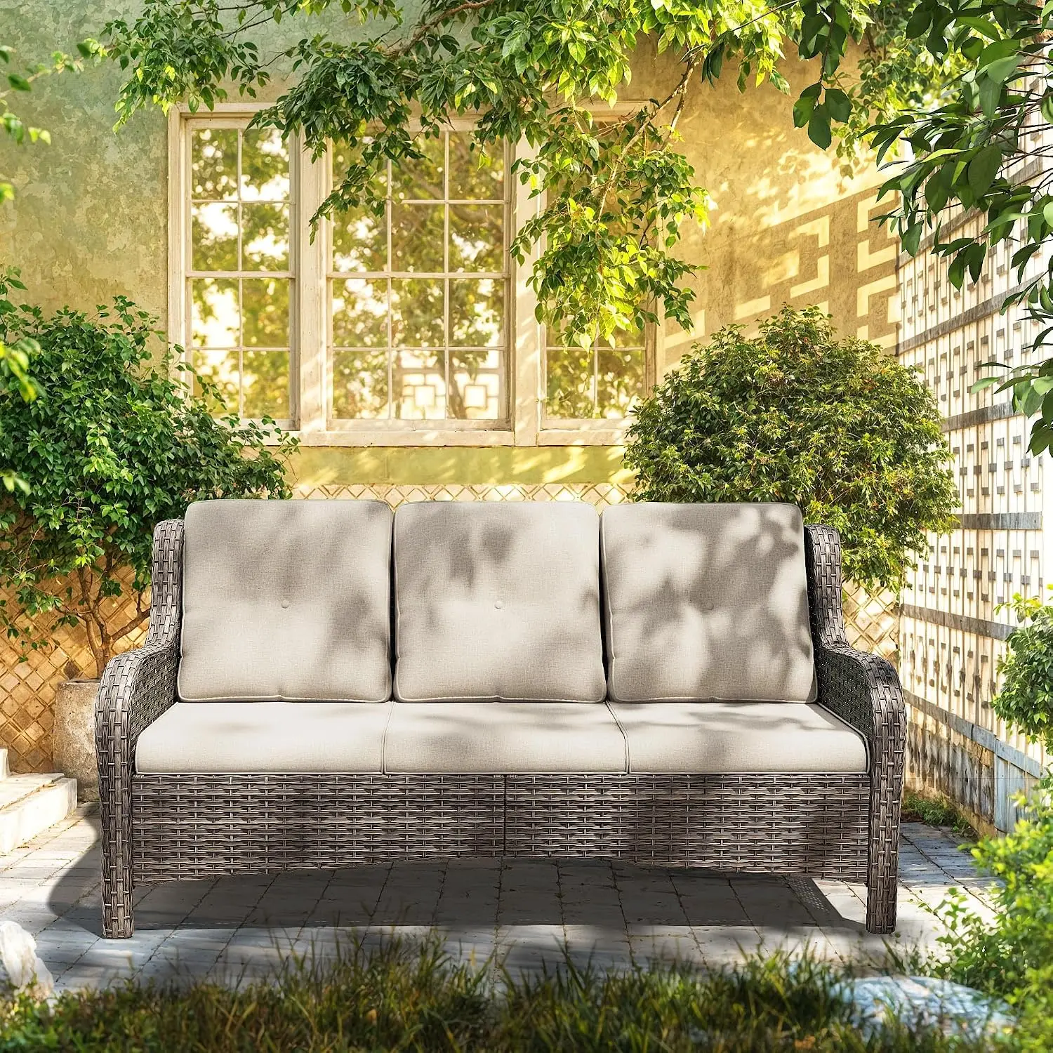 73'' Outdoor Wicker Sofa 3-Seater Rattan Couch Patio Garden Deep Seating Olefin Cushion Mixed Grey Beige, Customized