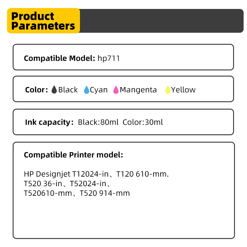 Compatible for HP 711XL 711 HP711 Replacement Ink Cartridge Full With Ink Compatible For HP DesignJet T120 T520 Printer