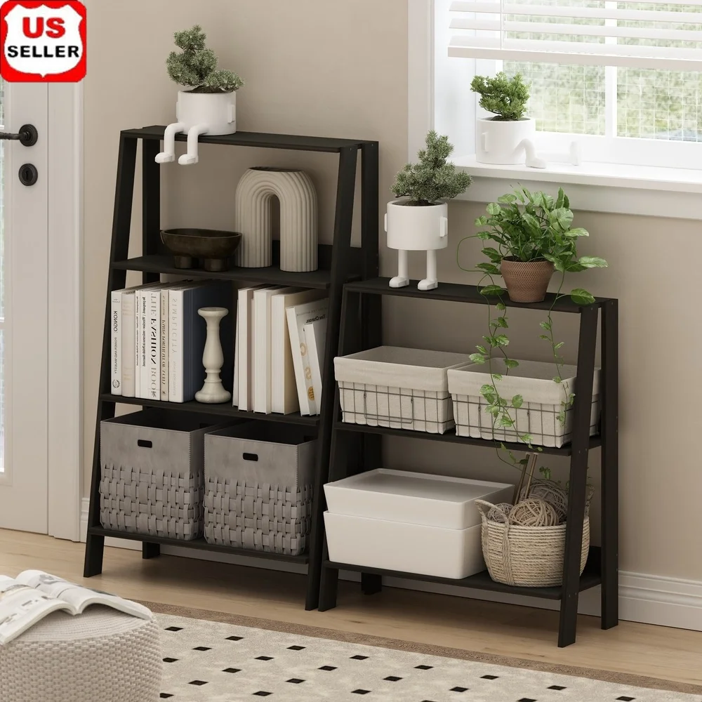 

Ladder Bookcase Display Shelf 3-Tier Vertical Leaning Espresso Storage Organizer Home Office Dorm Room Contemporary Furniture
