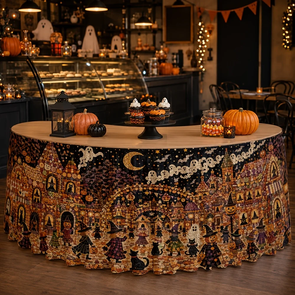 Halloween night festival street scene tablecloth, featuring pumpkins, ghosts and cobblestone buildings.zyc