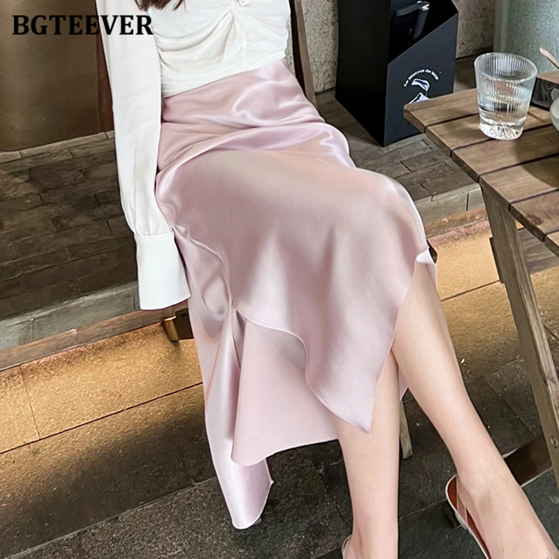 BGTEEVER Elegant Side Split Women Satin Skirts Stylish High Waist Ladies Package Hip Skirts Spring Summer