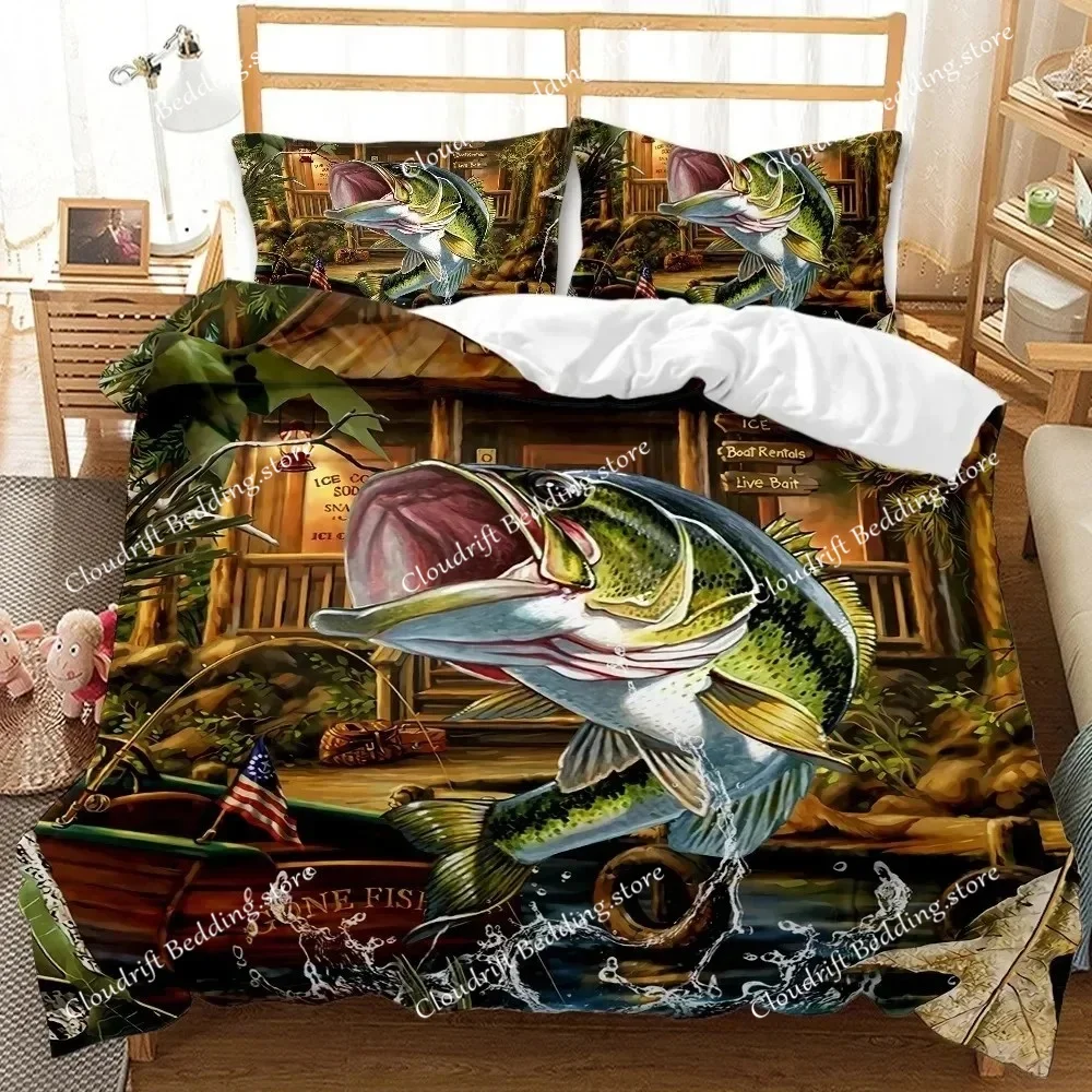 Big Pike Fishing Hunting Bedding Set Boys Girls Twin Queen Size Duvet Cover Pillowcase Bed Kids Adult Home Textile