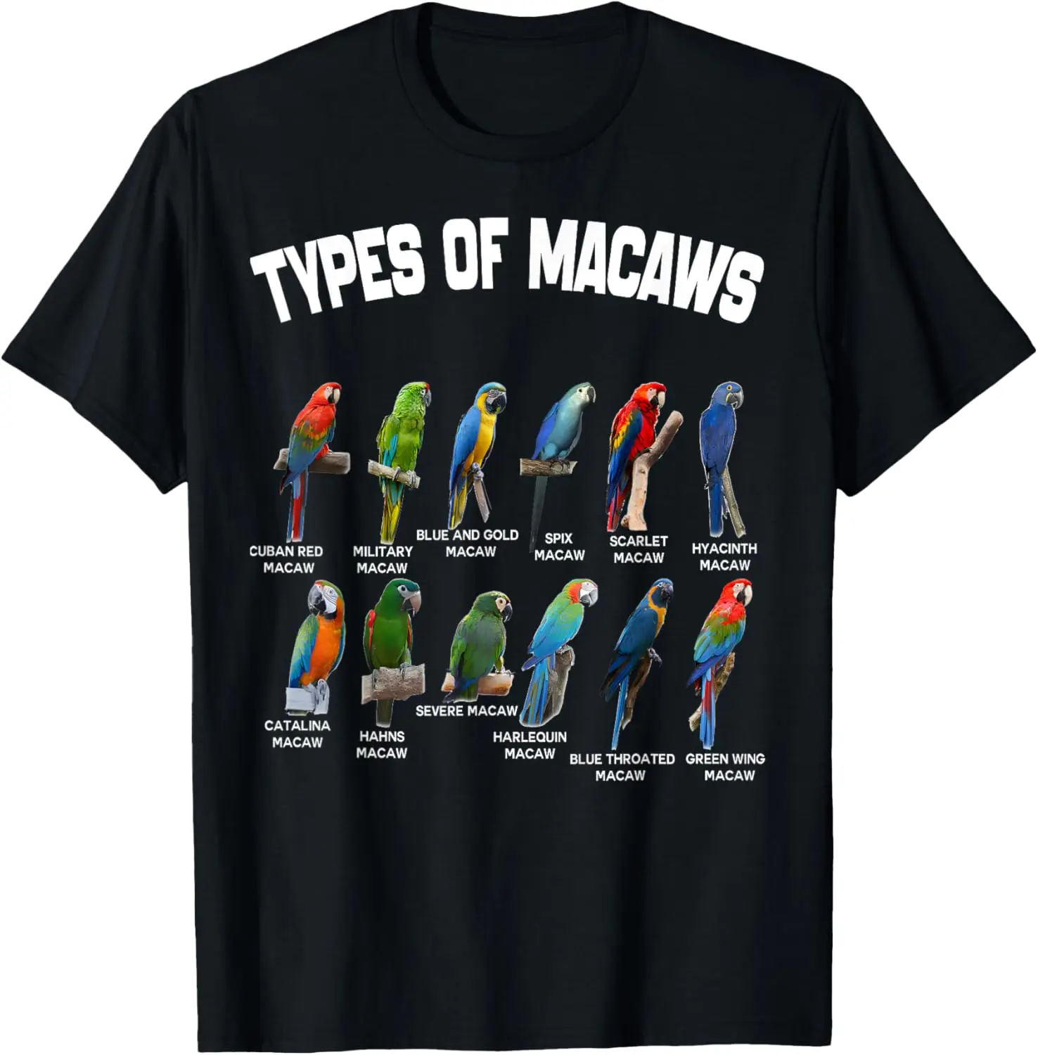 Types of Macaws Parrot Breeds Camiseta gráfica Camiseta de manga corta transpirable de algodón