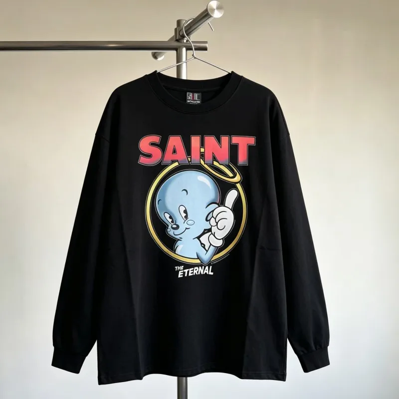 Black Saint Long Sleeve Tshirts Breathable Cotton Blue Cartoon Character Letter Logo Round Neck Tops Men Women Street Outfit