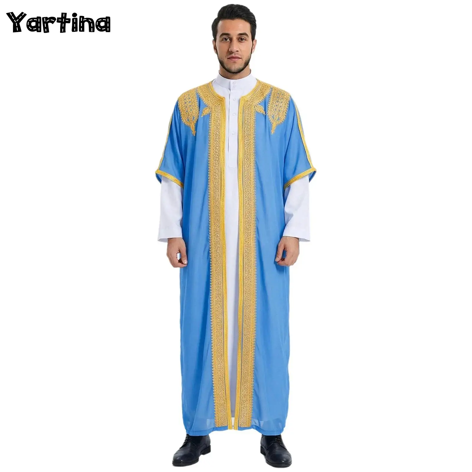 

Mens Middle-eastern Arab Embroidered Robe Exquisite Gold Trim Short Sleeve Open Front Thobe Robe Cardigan Jacket for Party