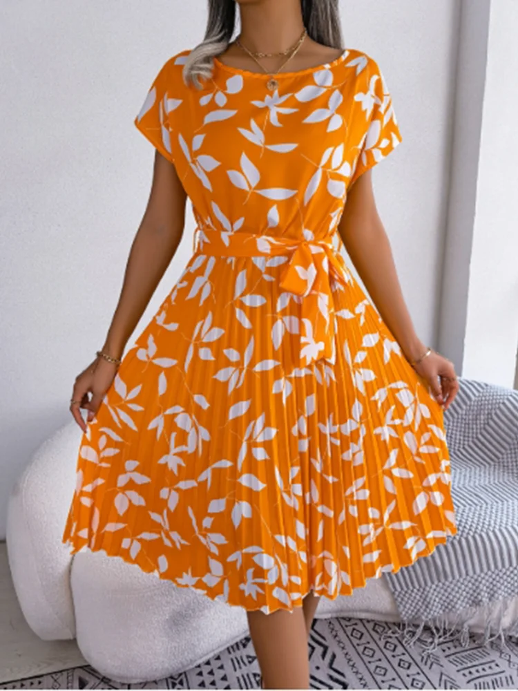 

Round Neck Lace Up Short Sleeved Floral Print Women's Dress High Street Fashion Vacation Elegant Style Summer Dresses