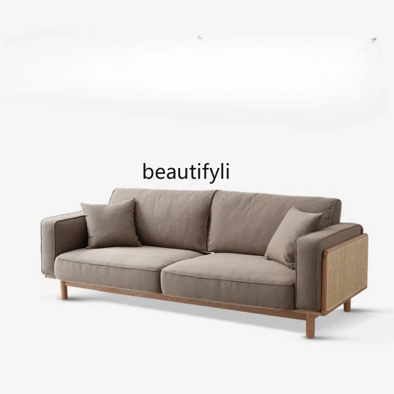 

Rattan Sofa Combination Ash Three-Person Fabric Log Simple Modern Small Apartment Living Room Solid Wood