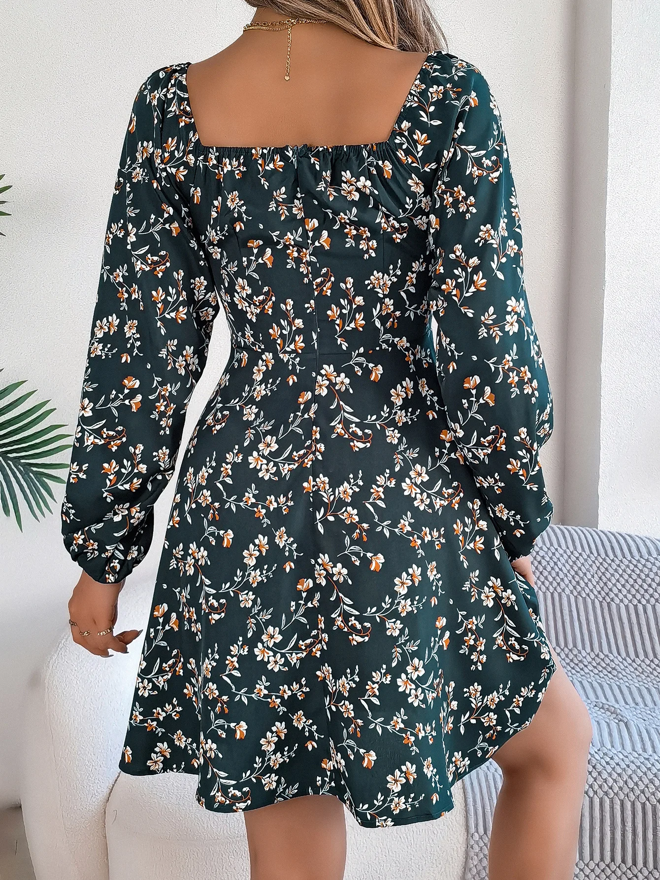 Vestido sexy floral con cuello cuadrado y lazo en la parte delantera para mujer - Vestido casual de primavera y otoño con dobladillo con volantes y manga larga