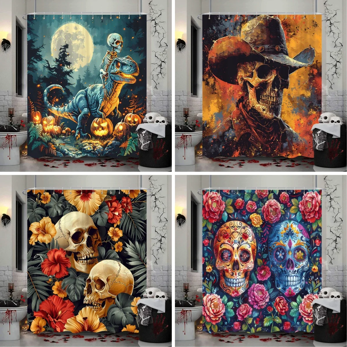 Spooky Halloween Skeleton Shower Curtain Skull Flower Dinosaur Western Cowboy Polyester Fabric Shower Curtains Bathroom Decor