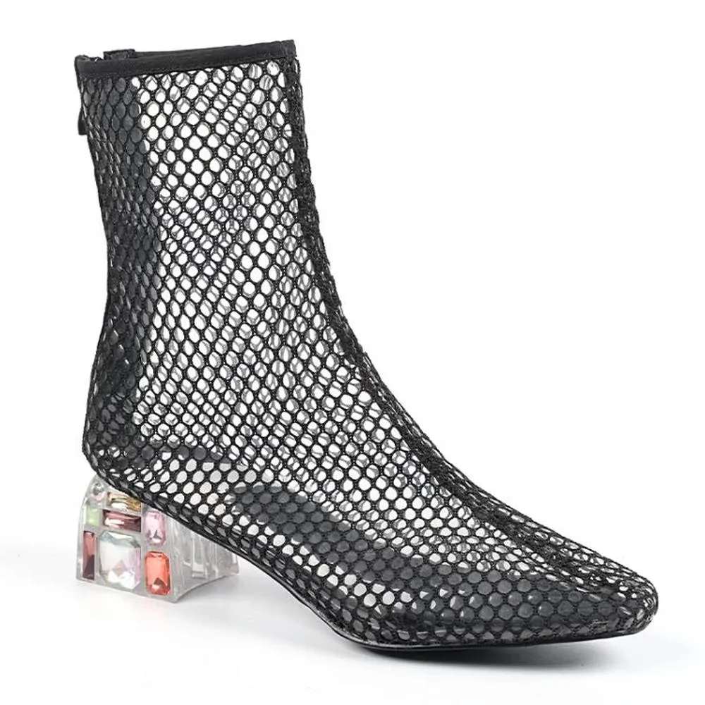 Dames enkellaarsjes met puntige neus Mesh Crystal Diamond Clear Heel Schoenen Op maat gemaakte kleuren Plus Big Size 44 45