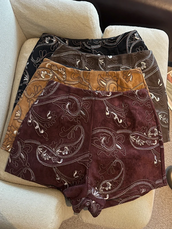 Retro Gold Thread Embroidery High Waist Slim Fit A-Line Shorts Women's Fashion Casual Pants Spring Autumn New Style